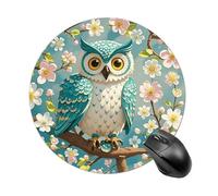 Owl Spring Flowers Turquoise Mouse Pad Round Laptop Mouse Mat Cute Computer Mousepad Keyboard Pad Non-Slip Desk Pads for Gaming Office Work Home