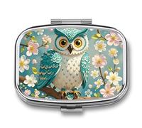 Owl Spring Flowers Turquoise Pill Box - 2 Compartment Travel Pill Organizer with Small Mirror, Portable Pillcase for Pocket & Purse, Cute Square Medicine Case, Weekly Medicine Container