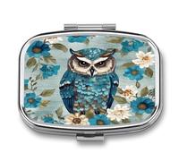 Owl Spring Flowers Turquoise Pill Case Portable Medicine Organizer Compact Travel Pill Box Small Metal Medicine Box for Purse Pocket Pill Container Holder 2 Compartments Medication Holder