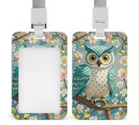 Owl Spring Flowers Turquoise Retractable ID Badge Holder with Lanyard - Vertical Badge Reel,Keychain Clip,Name Tag Id Card Holder Protector for Nurse Officer Teacher Security Staff Women Men