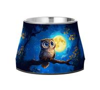 Owl Standing on A Branch with Full Moon Dog Raised Bowl, 540 ML Feeding Food Pet Bowl Stainless Steel Non-slip High Capacity Cat Bowl