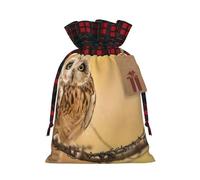 Owl Standing On The Tree Printed Christmas Drawstring Linen Gift Bags â€“ Reusable Burlap Fabric Bags With Tags For Christmas Gifts, Party Favors, Wedding Decor & Holiday Packaging 2 Sizes