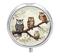 Owl Standing Pill Box 3 Compartment Travel Pill Organizer 3 Times A Day Cute Mini Pill Case for Purse & Pocket Portable Metal Medicine Box with Mirror Round Daily Medicine Vitamin Container