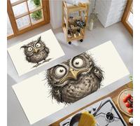 Owl Surprised Kitchen Rug Set 2 Piece, Non Slip Anti Fatigue Brown Kitchen Mat, Machine Washable Cartoon Fun Floor Mat, for Hallway Dining Room Home Decoration 50x80cm+50x150cm