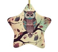 Owl tree branch Christmas Ceramic Star Ornament with Hanging Ribbon, Holiday Hanging Decoration for Tree & Home