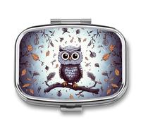 Owl Tree Branches Pill Box 2 Compartment Portable Travel Pill Case with Mirror Square Metal Medicines Storage Container Pocket Medicine Box to Hold Vitamins Fish Oil