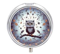 Owl Tree Branches Pill Box - 3 Compartment Travel Pill Organizer with Small Mirror, Portable Pillcase for Pocket & Purse, Cute Round Medicine Case, Weekly Medicine Container