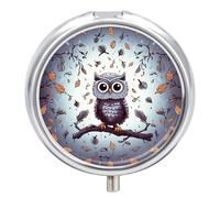 Owl Tree Branches Pill Box Medicine Pill Organizer 3 Compartment Daily Pill Case Small Pill Container Round Pill Holder Travel Pill Box Metal Pill Case for Purse Pocket