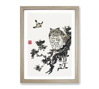 Owl & Two Swallows By Utagawa Toyohiro Asian Japanese Framed Print | A2 Oak Framed Wall Art | Ready to Hang | Asian Animal Picture | Living Room Bedroom Lounge Office