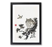 Owl & Two Swallows by Utagawa Toyohiro Framed Print | A2 Black Framed Wall Art | Ready to Hang | Modern Animal Picture | Living Room Bedroom Lounge Office