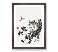 Owl & Two Swallows by Utagawa Toyohiro Framed Print | A2 Walnut Framed Wall Art | Ready to Hang | Modern Animal Picture | Living Room Bedroom Lounge Office