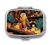 Owl Vintage Glasses Perched on A Bar Cart Pill Box 2 Compartment Portable Medicine Pill Case Travel Pill Organizer for Pocket Purse