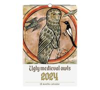 Owl Wall Calendar 2024,Owl Calendar 2024 | with Funny Medieval Paintings | Ugly Medieval Owls Retro Vintage Wall Art