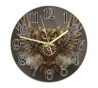 Owl Wall Clock, Steampunk Industrial Wings Gears Fall Bronze Quiet Wall Clock for Garage Game Room Outdoor Decoration 11.6x11.6 Inches