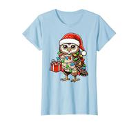 Owl Wearing Santa Hat, Holding A Present Box Xmas T-Shirt, Women, Baby Blue, Medium