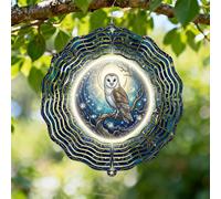 Owl Wind Spinner, Mystical Nature Moon Tree Autumn Blue Metal Hanging Wind Sculptures Outdoor Ornaments for Garden Lawn Hallways Yard Party Decor 12 Inch