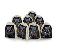 Owl with Orange Eyes Small Cotton Linen Pocket Reusable Drawstring Bag Funny Gift Wrap Storage Wrapping Pouch 8 Pieces
