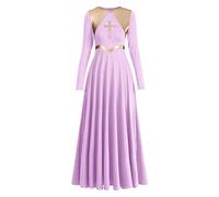 OwlFay Women Liturgical Praise Dance Dress Long Sleeve Plain Maxi Swing Ceremony Prayer Ballet Church Worship Gowns Dancewear Ballroom Costumes Light Purple 2XL