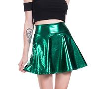 OwlFay Women Metallic Shiny Flared Skirts Liquid PU Leather Wet Look Pleated A-line Circle Skater Mini Skirt Disco Dance Party Casual Short Dress Night Out Clubwear Cheerleader Costume Green XXL
