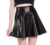 OwlFay Women Metallic Shiny Flared Skirts Liquid PU Leather Wet Look Pleated A-line Circle Skater Mini Skirt Disco Dance Party Casual Short Dress Night Out Clubwear Cheerleader Costume Black L