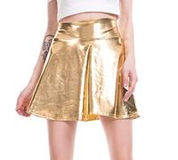 OwlFay Women Metallic Shiny Flared Skirts Liquid PU Leather Wet Look Pleated A-line Circle Skater Mini Skirt Disco Dance Party Casual Short Dress Night Out Clubwear Cheerleader Costume Gold XXL