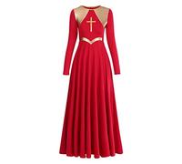OwlFay Women's Liturgical Praise Worship Dance Dress Long Sleeve Plain Maxi Swing Ceremony Prayer Ballet Church Gowns Dancewear Ballroom Costumes Red 2XL