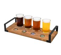 OwlGift Wood Craft Beer Flight w/Bottle Cap Storage Sampler Tray Holder Serving Set w/ 4 Glasses & Black Metal Handles - Dark Brown
