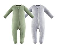 Owlivia Organic Cotton Baby Boy Girl Zip Front Sleep 'N Play, Footed Sleeper, Long Sleeve Pyjamas(3-6Months, Green&Grey)