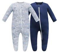 Owlivia Organic Cotton Baby Boy Girl Zip Front Sleep 'N Play, Footed Sleeper, Long Sleeve Pyjamas(3-6Months, Wave & Navy)