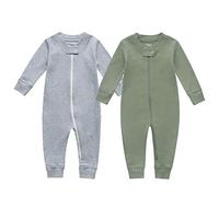 Owlivia Organic Cotton Baby Boy Girl Zip Up Sleep N Play, Footless Baby Romper, Long Sleeve Baby Pyjama(6-12 Months, Green & Gray)
