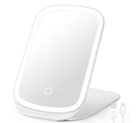 OWLKELA Rechargeable Travel Mirror with 48 LED Lights, Portable Tabletop Mirror, 3 Color Lighting, Dimmable Touch Screen, Foldable Compact Vanity Mirror for Camping, Home