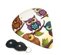 Owls Birds Guitar Picks 6 Pack with Leather Guitar Pick Holder Keychain, Plectrum Key Fob Cases Bag, Abstract Art Plectrum for Acoustic Electric Guitar, Ukulele 0.46mm