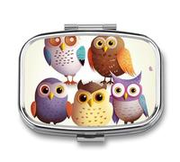 Owls Birds Pill Box - 2 Compartment Travel Pill Organizer with Small Mirror, Portable Pillcase for Pocket & Purse, Cute Square Medicine Case, Weekly Medicine Container