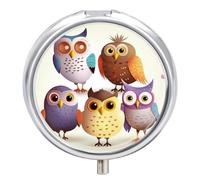 Owls Birds Pill Box - 3 Compartment Travel Pill Organizer with Small Mirror, Portable Pillcase for Pocket & Purse, Cute Round Medicine Case, Weekly Medicine Container