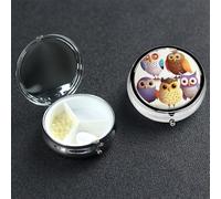 Owls Birds Pill Box with Mirror 3 Compartment Decorative Pill Case for Purse or Pocket Small Round Pill Organizer Weekly Metal Medicine Tablet Vitamin Holder Travel Gift