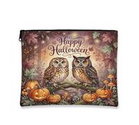 Owls Canvas with Zipper, Fanciful Festive Pumpkins Mushrooms Halloween Orange Portable with Zipper Small Makeup Pouch for Travel, Bathroom, Vanity Organizer and Purse Storage, Orange, 7x9 Inch