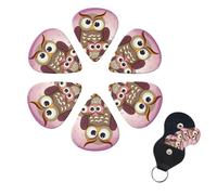Owls family Guitar Picks 6 Pack, 0.46mm Thickness Celluloid Bass Pick with Leather Guitar Pick Holder Keychain Abstract Art Pics Plectrum for Acoustic Electric Guitar, Ukulele, Bass