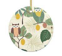 Owls On A Branch Christmas Ceramic Round Ornament - Double Sided Print Xmas Tree Hanging Decoration With Gold String