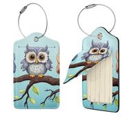 Owls on a Branch Luggage Tags for Suitcases, PU Leather Suitcase Tags Identifiers with Stainless Steel Loop, Privacy Cover ID Label with Address Card, Travel Essentials Bag Tag, Black, 2 Pcs