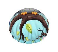 Owls On A Branch Shower Cap For Women Reusable Double Layers Bathing Bath Cap Hair Caps Waterproof Elastic Band Ladies Spa Salon Shower Hat Hair Caps