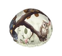 Owls On A Branch Shower Cap For Women Reusable Double Layers Bathing Bath Cap Hair Caps Waterproof Elastic Band Ladies Spa Salon Shower Hat Hair Caps