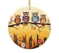 Owls On A Branch Sunny Christmas Ceramic Round Ornament - Double Sided Print Xmas Tree Hanging Decoration With Gold String