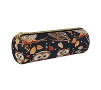 Owls on Tree Branche Printed Leather Pencil Case Round Pen Pencil Pouch Office Large Pencil Bag Stationery Box for Men Women Teens Students