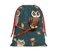 Owls On Tree Branches Print Christmas Drawstring Gift Bags, Xmas Holiday Fabric Gift Wrapping Bag For Party, Size-L