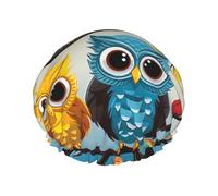 Owls On Tree Branches Shower Cap For Women Reusable Double Layers Bathing Bath Cap Hair Caps Waterproof Elastic Band Ladies Spa Salon Shower Hat Hair Caps