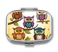 Owls Portable Travel Pill Box with Square Metal Mirror, Medicine Storage Box for Vitamins and Fish Oil