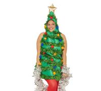 Owl's-Yard Christmas Tree Costume For Women Christmas Outfit Sleeveless Hood Tops Red Plush Ball Xmas Outfit For Party (Green, One Size)