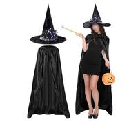 Owl's-Yard Halloween Witch Costume For Women Set Full Length Wizard Vampire Cloak+Lighted Lace Flower Witch Hat Gothic (Black, One Size)
