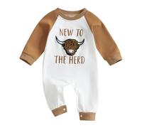 Owl's-Yard Western Newborn Baby Boys Jumpsuit, New to the Herd Long Sleeve Jumpsuit Highland Cow Romper Pants Casual Spring Clothes (Light Brown, 3-6 Months)