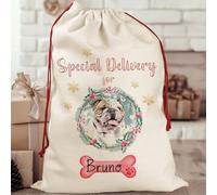 Own Pet Photo Personalised Christmas Santa Sack Stocking Bag Custom Bespoke Dog Pup Puppy Lovers Hat Present Toy Name Message Surprise Present Personalized Festive Winter Keepsake Gift